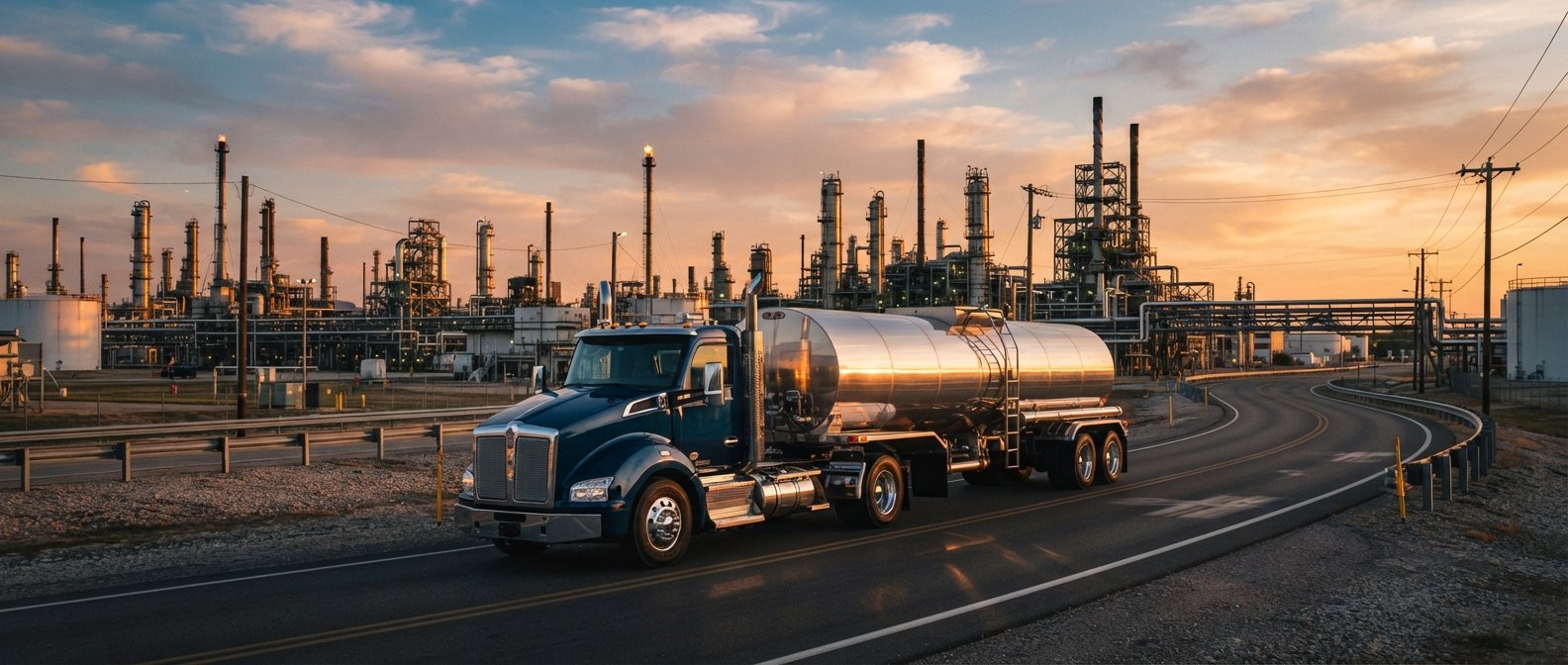 Tanker truck near an industrial facility at sunset